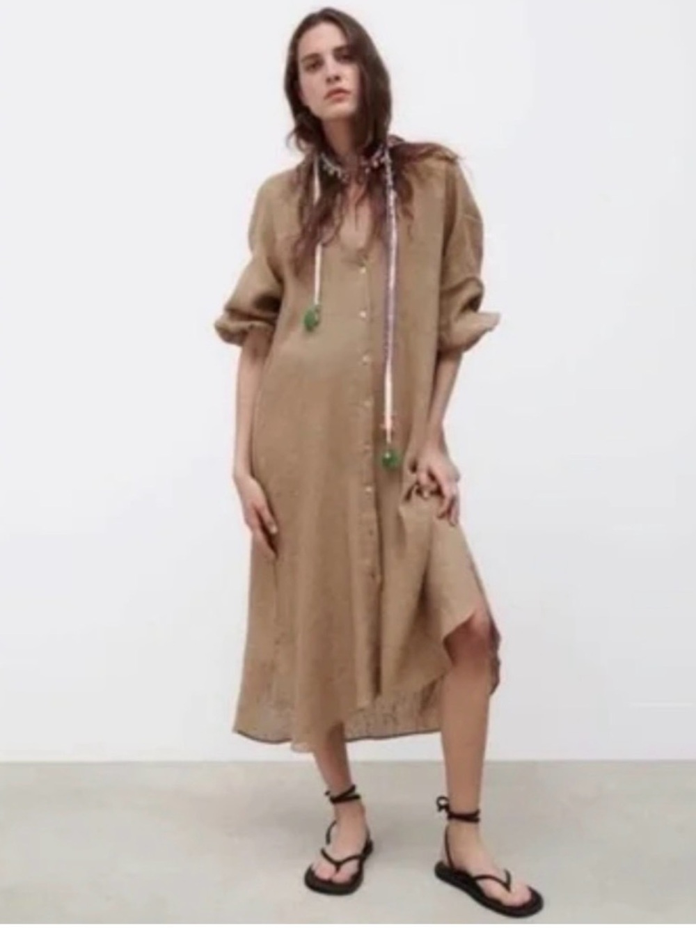 ZARA Tan 100% Linen Midi Shirt Dress - Picture 2 of 12